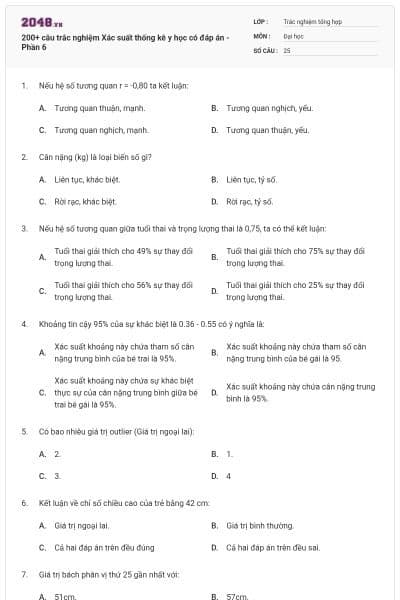 200+ câu trắc nghiệm Xác suất thống kê y học có đáp án - Phần 6