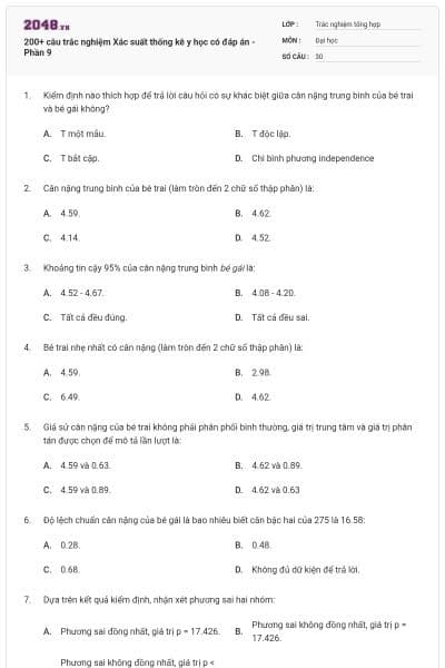 200+ câu trắc nghiệm Xác suất thống kê y học có đáp án - Phần 9