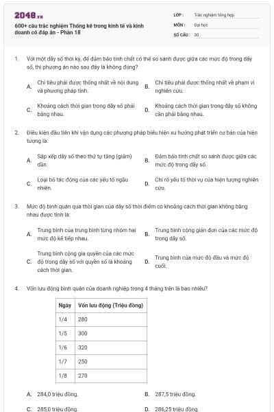 600+ câu trắc nghiệm Thống kê trong kinh tế và kinh doanh có đáp án - Phần 18