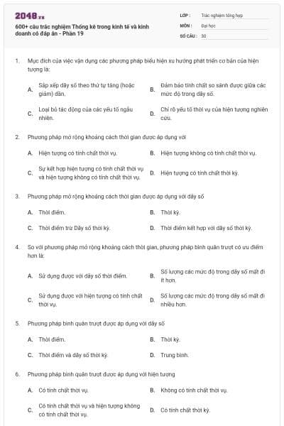 600+ câu trắc nghiệm Thống kê trong kinh tế và kinh doanh có đáp án - Phần 19