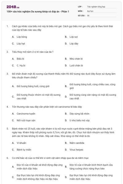 100+ câu trắc nghiệm Da xương khớp có đáp án - Phần 1
