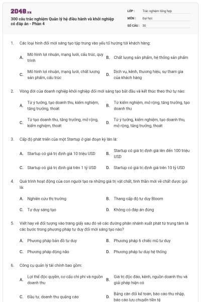 300 câu trắc nghiệm Quản lý hệ điều hành và khởi nghiệp có đáp án - Phần 4