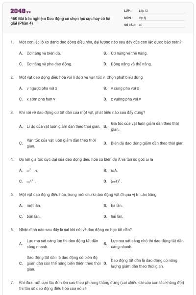 460 Bài trắc nghiệm Dao động cơ chọn lọc cực hay có lời giải (Phần 4)
