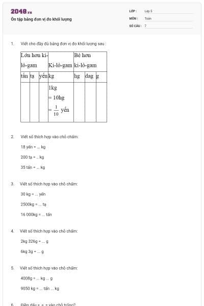Ôn tập bảng đơn vị đo khối lượng
