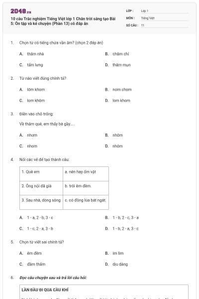 10 câu Trắc nghiệm Tiếng Việt lớp 1 Chân trời sáng tạo Bài 5: Ôn tập và kể chuyện (Phần 13) có đáp án