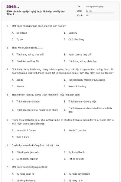 400+ câu trắc nghiệm nghệ thuật lãnh đạo có đáp án - Phần 4