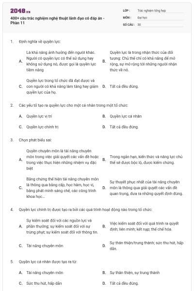 400+ câu trắc nghiệm nghệ thuật lãnh đạo có đáp án - Phần 11