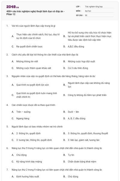 400+ câu trắc nghiệm nghệ thuật lãnh đạo có đáp án - Phần 12