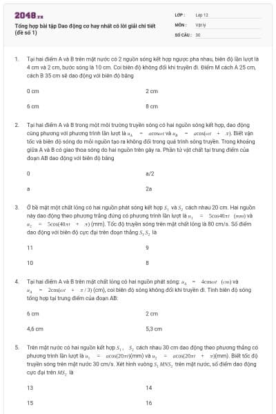 Tổng hợp bài tập Dao động cơ hay nhất có lời giải chi tiết (đề số 1)