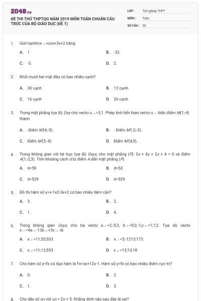 ĐỀ THI THỬ THPTQG NĂM 2019 MÔN TOÁN CHUẨN CẤU TRÚC CỦA BỘ GIÁO DỤC (ĐỀ 1)