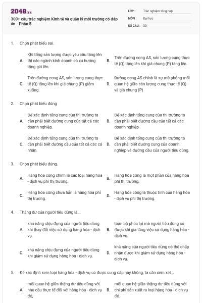 300+ câu trắc nghiệm Kinh tế và quản lý môi trường có đáp án - Phần 5