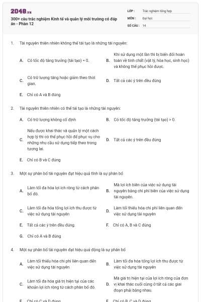 300+ câu trắc nghiệm Kinh tế và quản lý môi trường có đáp án - Phần 12