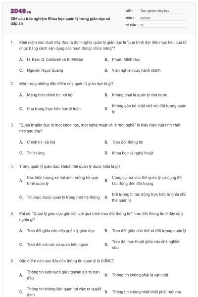 30+ câu trắc nghiệm Khoa học quản lý trong giáo dục có đáp án