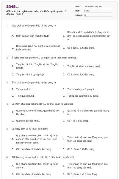 400+ câu trắc nghiệm An toàn, sức khỏe nghề nghiệp có đáp án - Phần 1