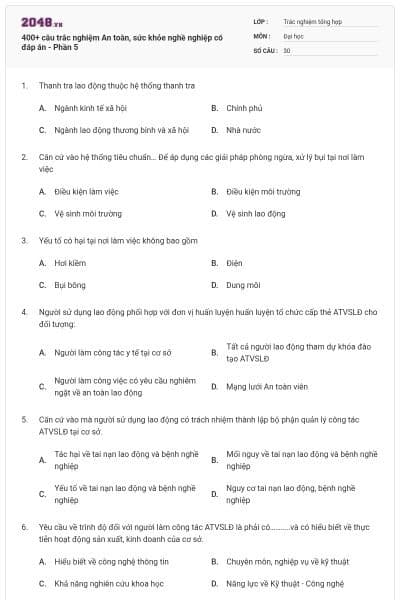 400+ câu trắc nghiệm An toàn, sức khỏe nghề nghiệp có đáp án - Phần 5