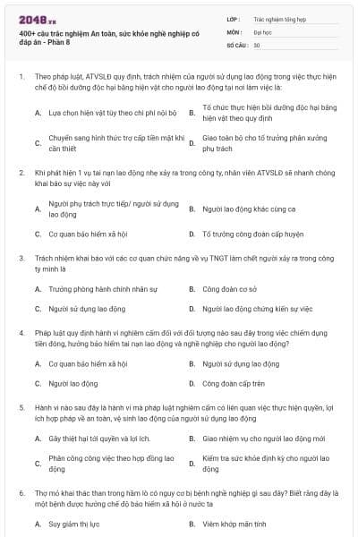 400+ câu trắc nghiệm An toàn, sức khỏe nghề nghiệp có đáp án - Phần 8