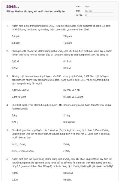 Bài tập Kim loại tác dụng với muối chọn lọc, có đáp án