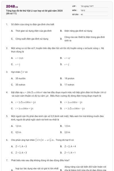 Tổng hợp đề thi thử Vật Lí cực hay có lời giải năm 2020 (đề số 11)
