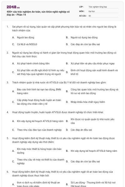 400+ câu trắc nghiệm An toàn, sức khỏe nghề nghiệp có đáp án - Phần 14