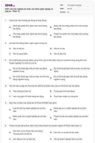 400+ câu trắc nghiệm An toàn, sức khỏe nghề nghiệp có đáp án - Phần 15