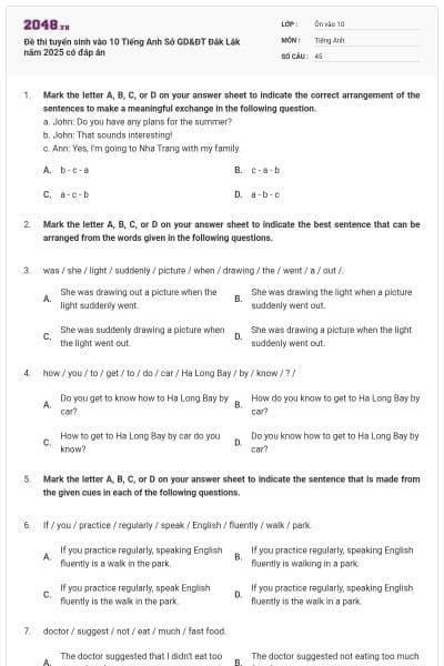 Đề thi tuyển sinh vào 10 Tiếng Anh Sở GD&ĐT Đắk Lắk năm 2025 có đáp án