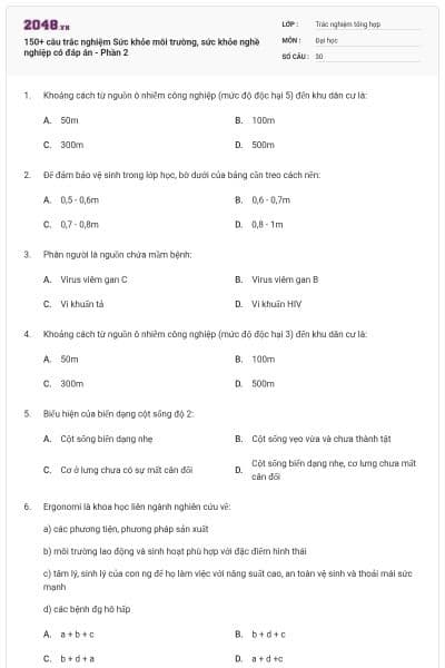 150+ câu trắc nghiệm Sức khỏe môi trường, sức khỏe nghề nghiệp có đáp án - Phần 2