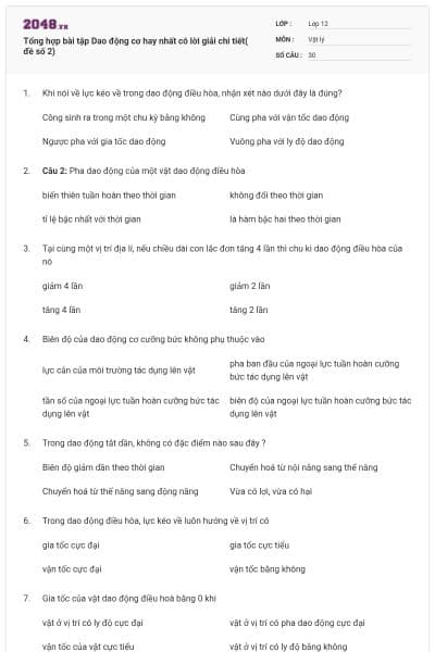 Tổng hợp bài tập Dao động cơ hay nhất có lời giải chi tiết( đề số 2)