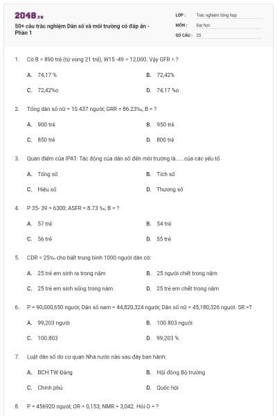 50+ câu trắc nghiệm Dân số và môi trường có đáp án - Phần 1