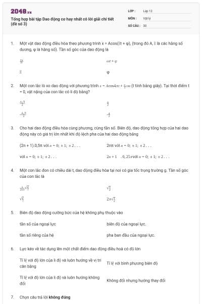 Tổng hợp bài tập Dao động cơ hay nhất có lời giải chi tiết (đề số 3)