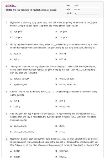 Bài tập Kim loại tác dụng với muối chọn lọc, có đáp án
