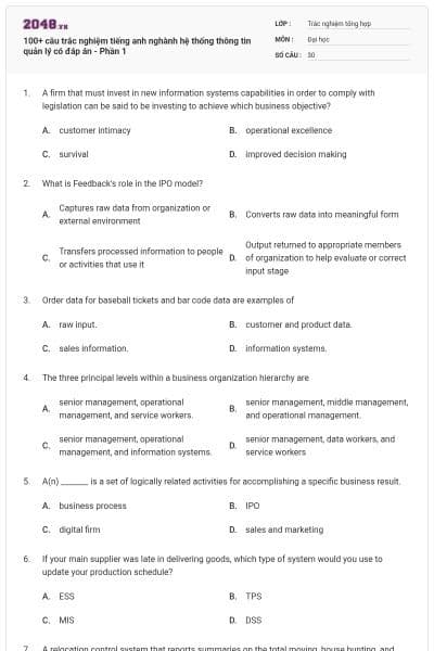 100+ câu trắc nghiệm tiếng anh nghành hệ thống thông tin quản lý có đáp án - Phần 1