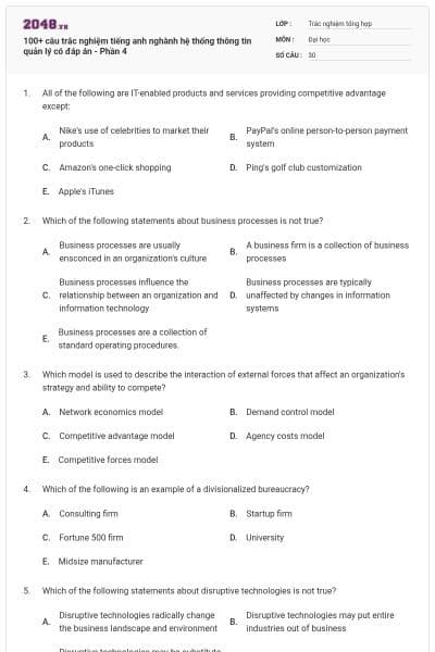 100+ câu trắc nghiệm tiếng anh nghành hệ thống thông tin quản lý có đáp án - Phần 4