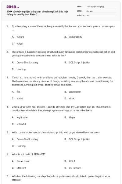 300+ câu trắc nghiệm tiếng anh chuyên nghành bảo mật thông tin có đáp án - Phần 2