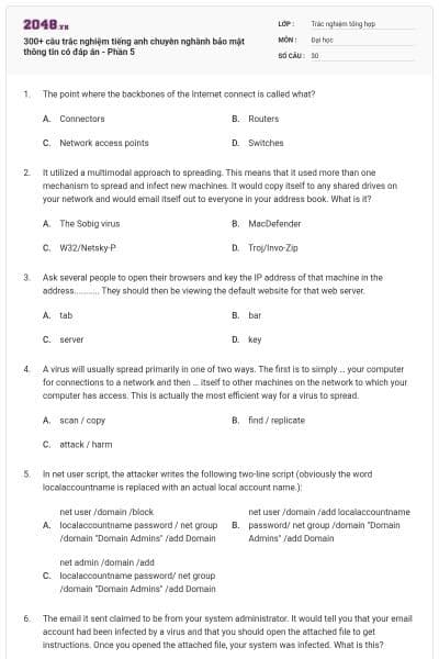 300+ câu trắc nghiệm tiếng anh chuyên nghành bảo mật thông tin có đáp án - Phần 5