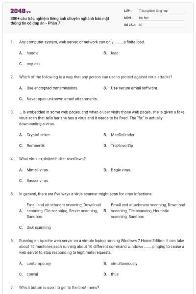 300+ câu trắc nghiệm tiếng anh chuyên nghành bảo mật thông tin có đáp án - Phần 7