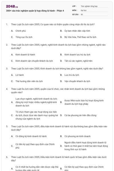 300+ câu trắc nghiệm quản lý hợp đồng lữ hành - Phần 4