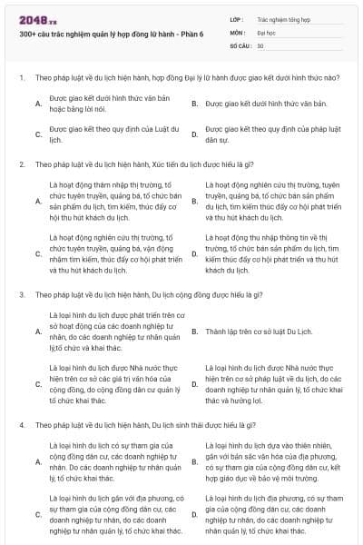 300+ câu trắc nghiệm quản lý hợp đồng lữ hành - Phần 6