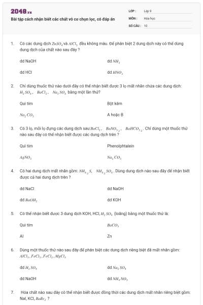 Bài tập cách nhận biết các chất vô cơ chọn lọc, có đáp án