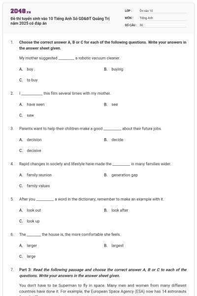 Đề thi tuyển sinh vào 10 Tiếng Anh Sở GD&ĐT Quảng Trị năm 2025 có đáp án