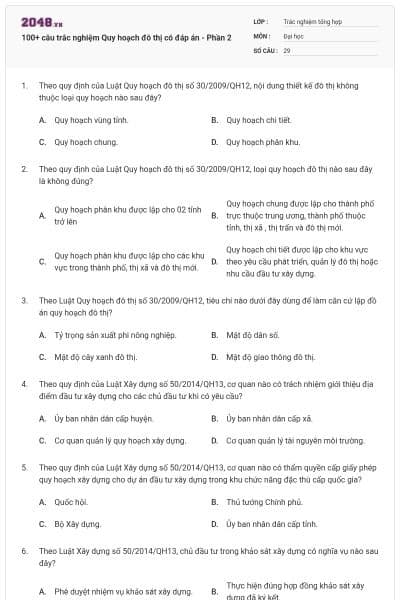 100+ câu trắc nghiệm Quy hoạch đô thị có đáp án - Phần 2