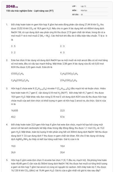 150 câu trắc nghiệm Este - Lipit nâng cao (P7)