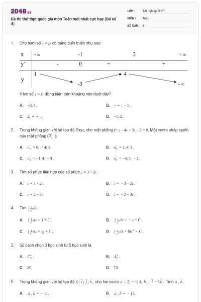 Đề thi thử thpt quốc gia môn Toán mới nhất cực hay (Đế số 4)