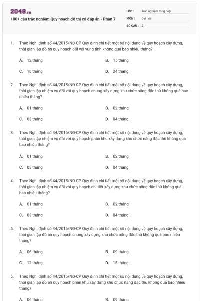 100+ câu trắc nghiệm Quy hoạch đô thị có đáp án - Phần 7