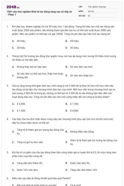 100+ câu trắc nghiệm Kinh tế lao động nâng cao có đáp án - Phần 1