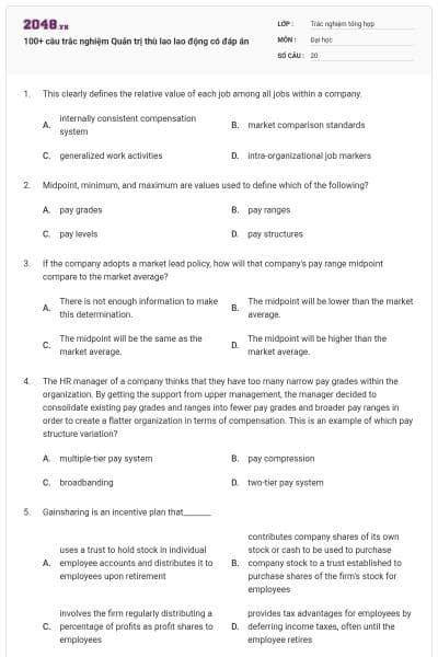 100+ câu trắc nghiệm Quản trị thù lao lao động có đáp án