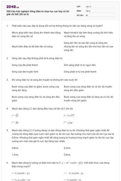 500 Câu trắc nghiệm Sóng điện từ chọn lọc cực hay có lời giải chi tiết (đề số 6)