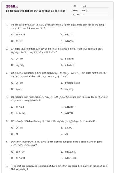 Bài tập cách nhận biết các chất vô cơ chọn lọc, có đáp án