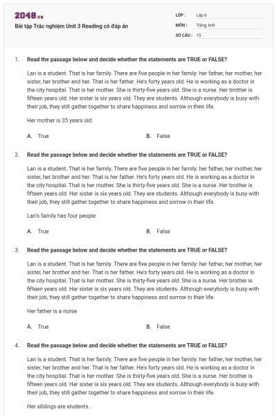 Bài tập Trắc nghiệm Unit 3 Reading có đáp án