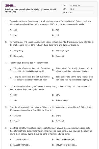 Bộ đề thi thử thpt quốc gia môn Vật Lý cực hay có lời giải chi tiết (P5)