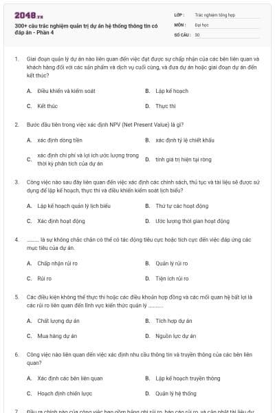 300+ câu trắc nghiệm quản trị dự án hệ thống thông tin có đáp án - Phần 4